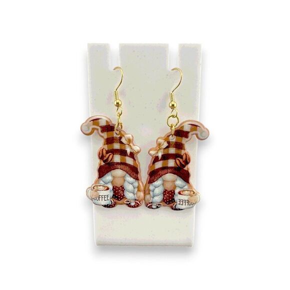 Coffee Break Gnome Earrings Gold Plated Earwires - Picture 3 of 8